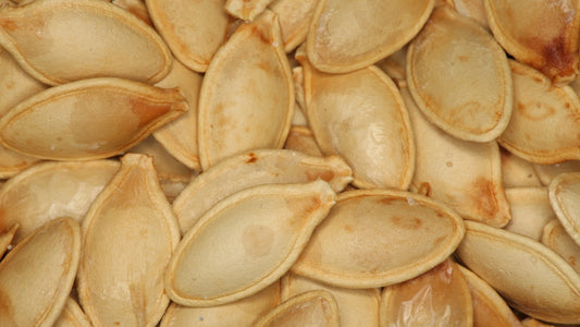Macro photograph of roasted pumpkin seeds with sea salt