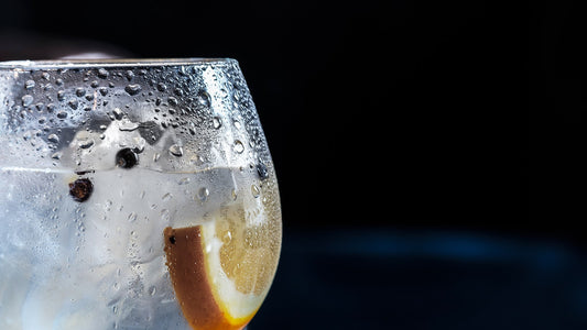 Chilled glass of water with ice and a fresh citrus slice
