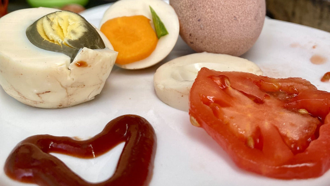 Hard-boiled eggs with tomato and carrot on a plain white plate