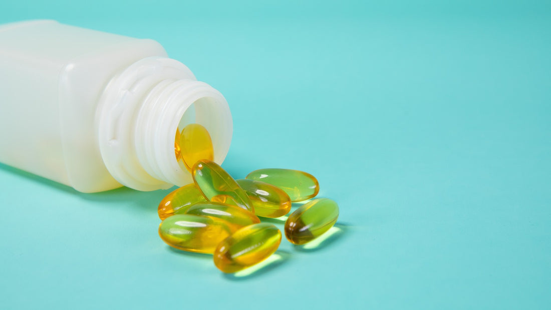 Unbranded omega-3 softgels beside a plain white bottle