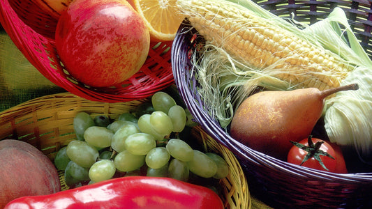 Baskets of colorful fruits and vegetables for a simple pro-aging pantry