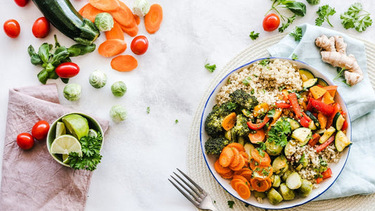 A colorful grain and vegetable bowl on a bright table for a simple weeknight dinner routine.