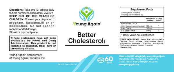 Better Cholesterol label with directions to take two tablets daily, serving size two tablets, and 30 servings per container