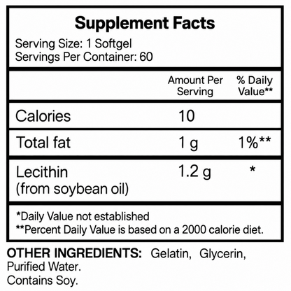 Lecithin Supplement Facts: 1 softgel, 60 servings, 1.2 g lecithin from soybean oil; contains soy
