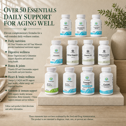 Over 50 Essentials infographic about daily nutrition, digestive wellness, bones, joints, heart, brain, hormone and immune support