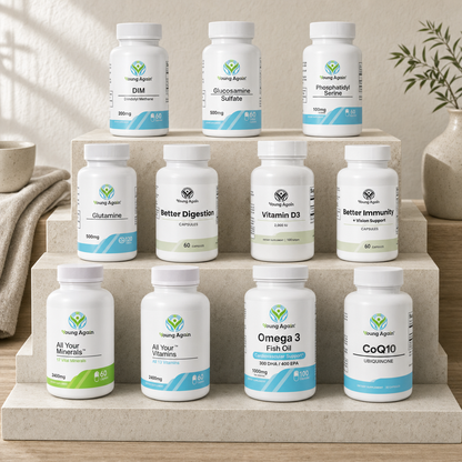 Over 50 Essentials lifestyle image featuring eleven supplement bottles on stone display levels