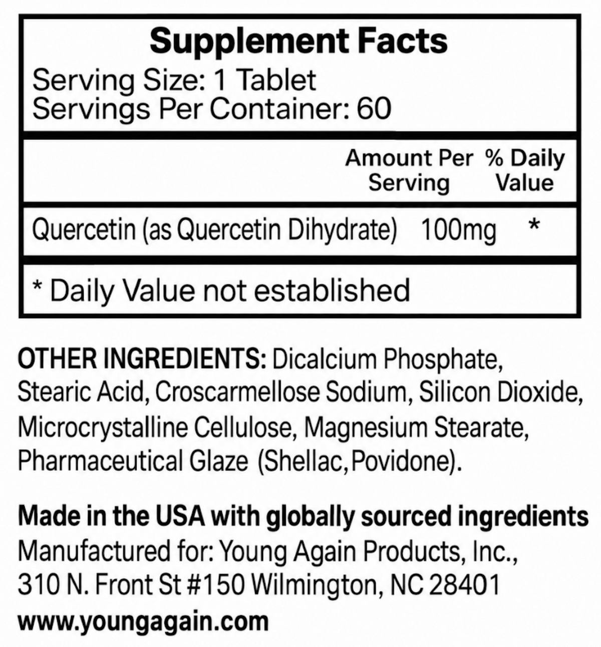 Quercetin Supplement Facts: serving size 1 tablet, 60 servings, 100 mg per serving