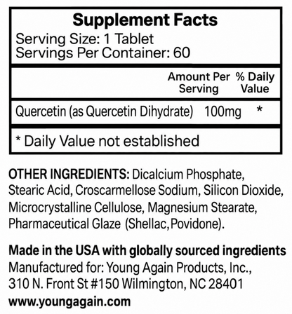 Quercetin Supplement Facts: serving size 1 tablet, 60 servings, 100 mg per serving