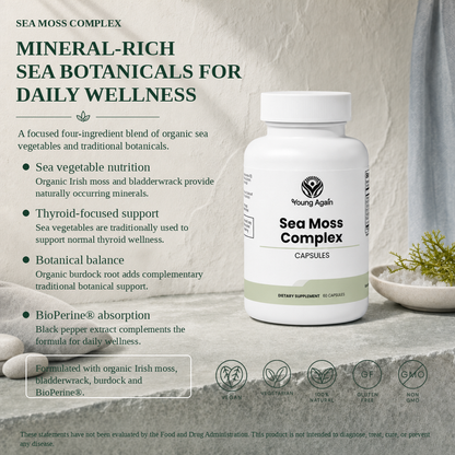 Sea Moss Complex infographic about sea vegetable nutrition, thyroid support, botanical balance and BioPerine absorption
