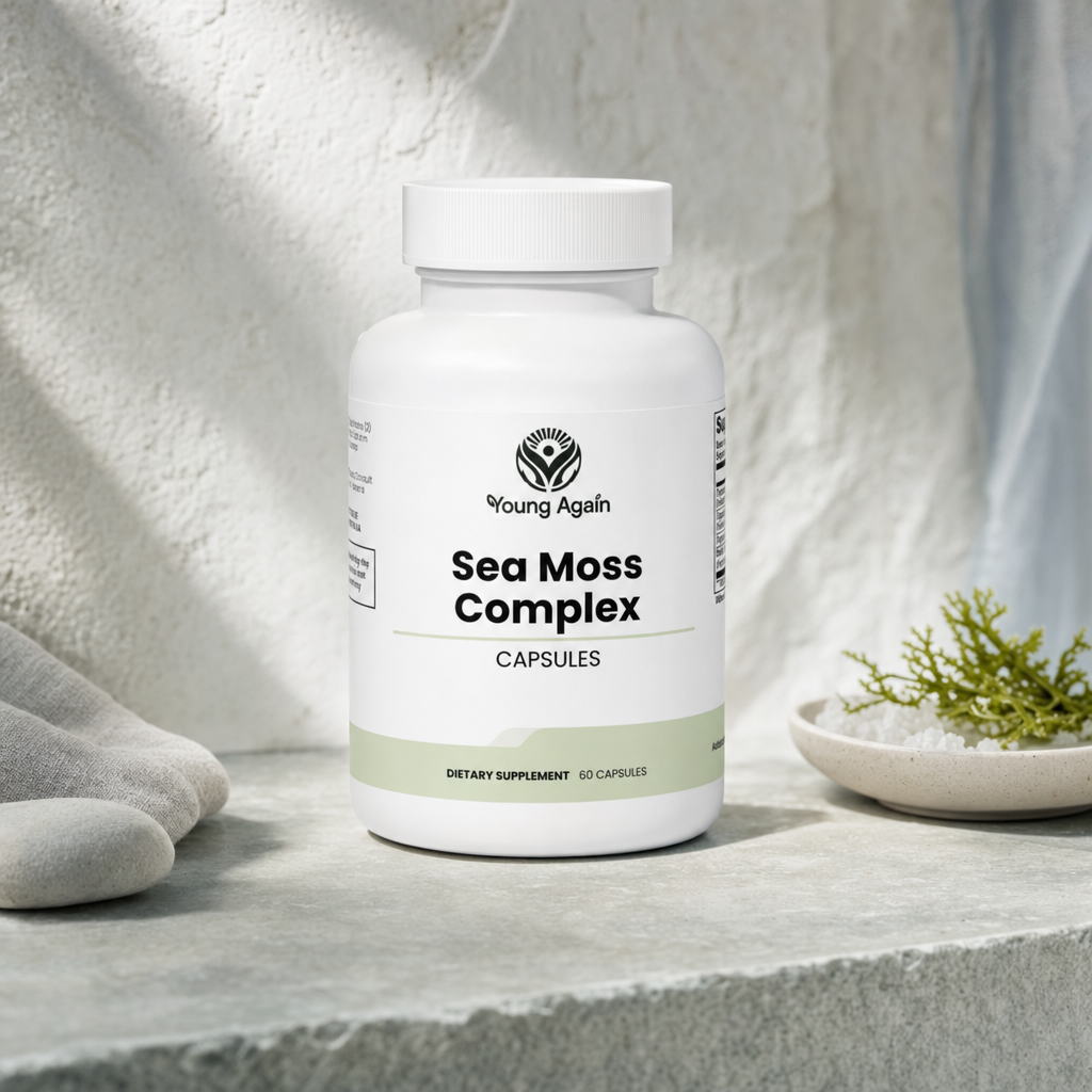 Sea Moss Complex lifestyle image with bottle on coastal stone ledge
