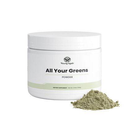 Young Again All Your Greens powder with product scoop, transparent product image