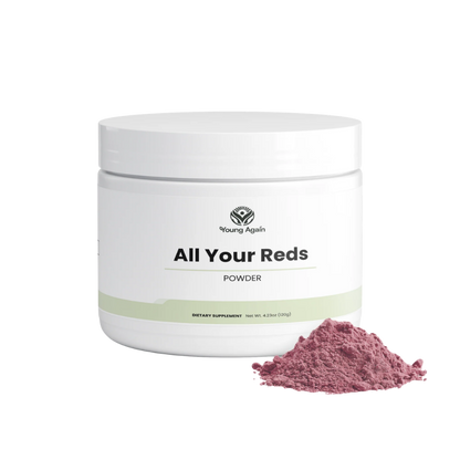 Young Again All Your Reds powder with product scoop, transparent product image