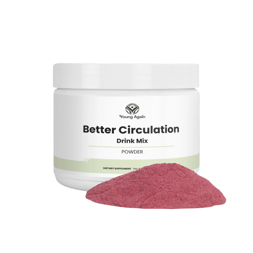 Young Again Better Circulation Drink Mix powder with product scoop, transparent product image