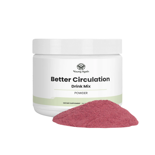 Young Again Better Circulation Drink Mix powder with product scoop, transparent product image
