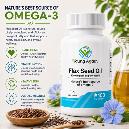 Young Again Flax Seed Oil benefits graphic with 100-softgel bottle, flax seeds, and flowers