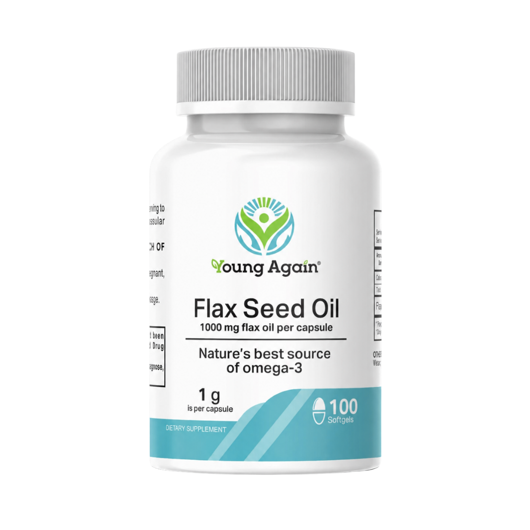 Young Again Flax Seed Oil, 100 softgels, front bottle on black background