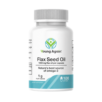 Young Again Flax Seed Oil, 100 softgels, front bottle on black background