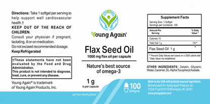 Young Again Flax Seed Oil label, Supplement Facts, ingredients, and 100 softgels
