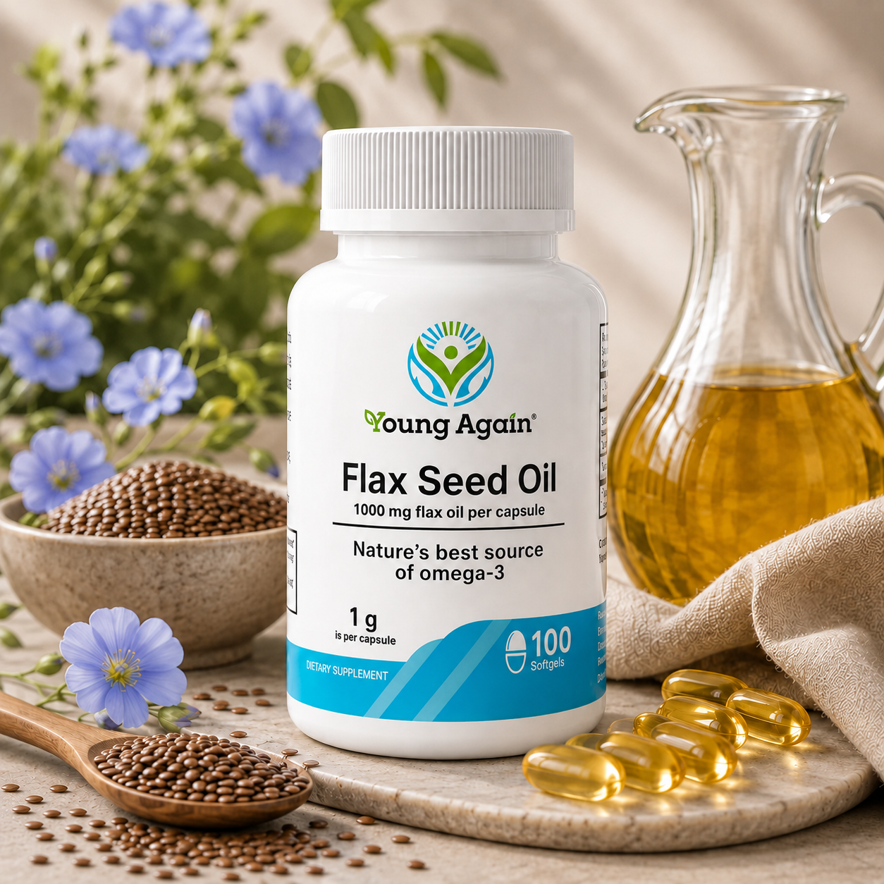 Young Again Flax Seed Oil 100-softgel bottle with flax seeds, flowers, oil, and softgels