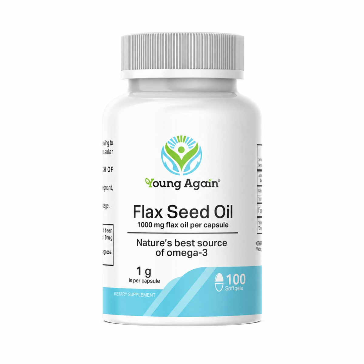Young Again Flax Seed Oil, 100 softgels, front bottle on white background
