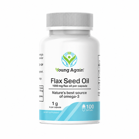 Young Again Flax Seed Oil, 100 softgels, front bottle on white background